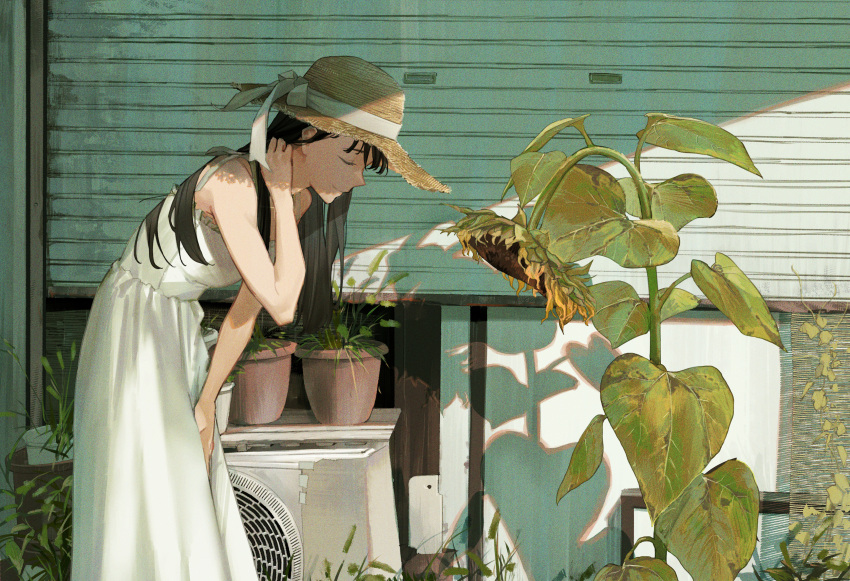 1girl, absurdres, adjusting_hair, air_conditioner, black_hair, closed_eyes, closed_mouth, day, dress, flower, hand_up, hat, highres, kento_matsuura, long_hair, original, outdoors, plant, potted_plant, shadow, solo, straw_hat, summer, sun_hat, sundress, sunflower, white_dress, yellow_flower
