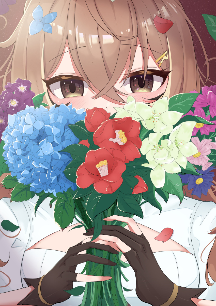 1girl, absurdres, ahoge, bangs, bouquet, brown_eyes, brown_hair, cafelittle