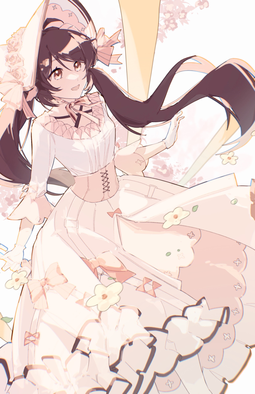 1girl, :d, absurdres, ahoge, ambience_synesthesia, arknights, bonnet, bow, corset, dress, eyjafjalla_(arknights), feet_out_of_frame, floating_hair, flower, gloves, hand_up, highres, iris769675331, long_hair, long_sleeves, official_alternate_costume, open_mouth, pink_bow, pink_eyes, smile, solo, twintails, very_long_hair, white_dress, white_gloves, white_headwear, yellow_flower