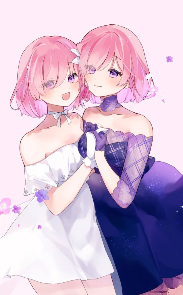2girls, bare_shoulders, blush, closed_mouth, collarbone, commentary_request, detached_collar, dress, dual_persona, fate/grand_order, fate_(series), flower, formal, gloves, hair_flower, hair_ornament, holding_hands, looking_at_viewer, mash_kyrielight, mash_kyrielight_(chaldea_dinnertime), mash_kyrielight_(formal_dress), misaki346, multiple_girls, off-shoulder_dress, off_shoulder, official_alternate_costume, open_mouth, pink_hair, purple_dress, purple_gloves, see-through, see-through_sleeves, short_hair, sleeveless, sleeveless_dress, smile, violet_eyes, white_dress, white_flower, white_gloves