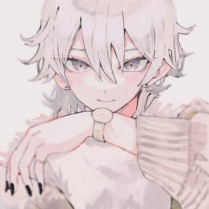 1girl, black_nails, closed_mouth, earrings, fang, fang_out, fingernails, grey_eyes