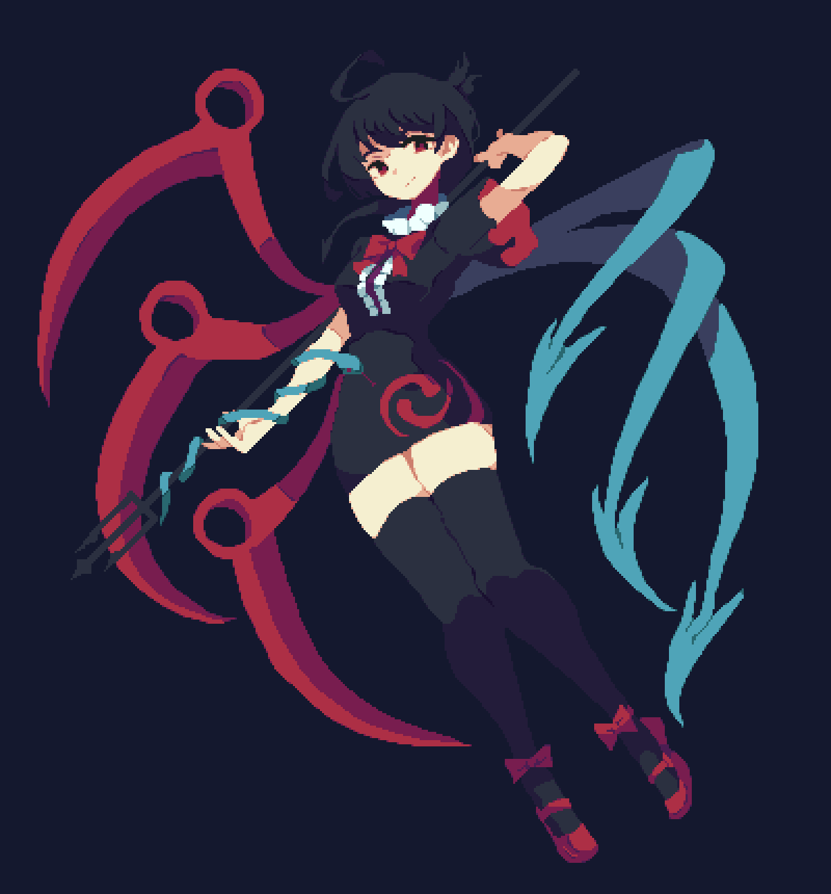 1girl, 4qw5, ahoge, asymmetrical_wings, black_background, black_dress, black_hair, black_thighhighs