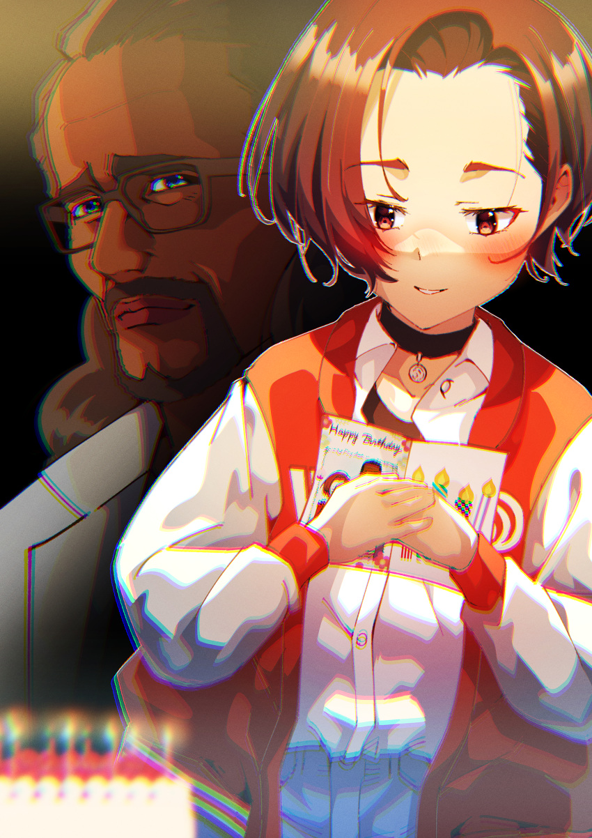 1boy, 1girl, absurdres, beard, birthday_cake, birthday_card, blue_eyes, blurry