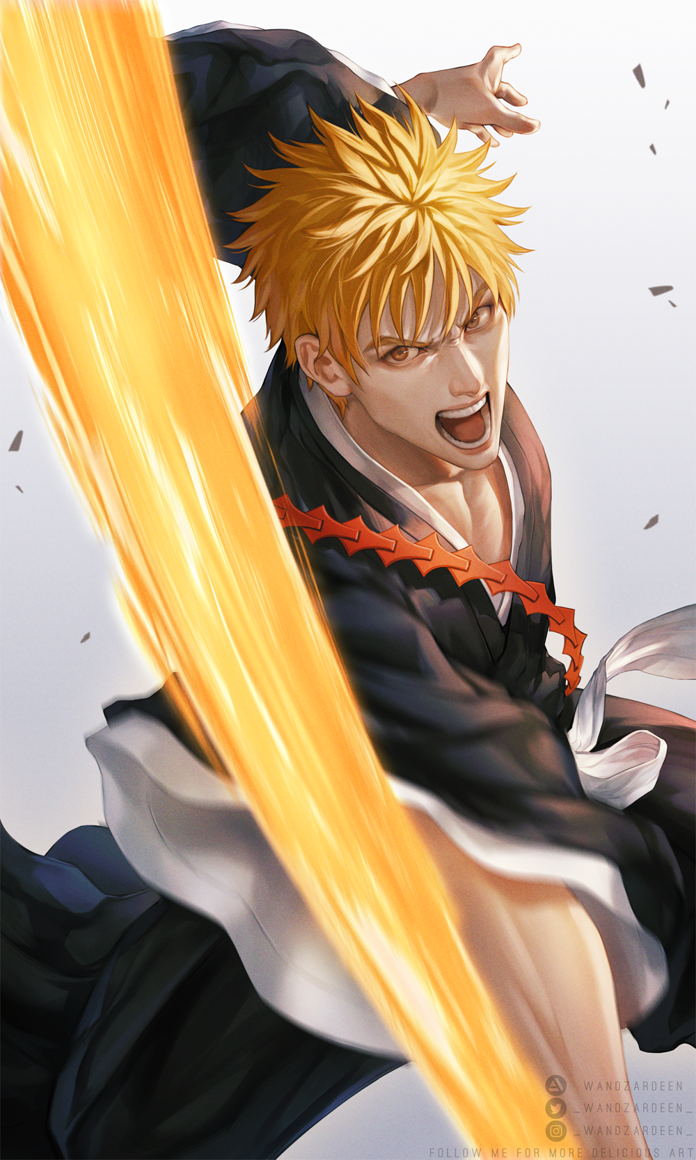 1boy, black_kimono, bleach, blonde_hair, highres, holding, holding_weapon, japanese_clothes