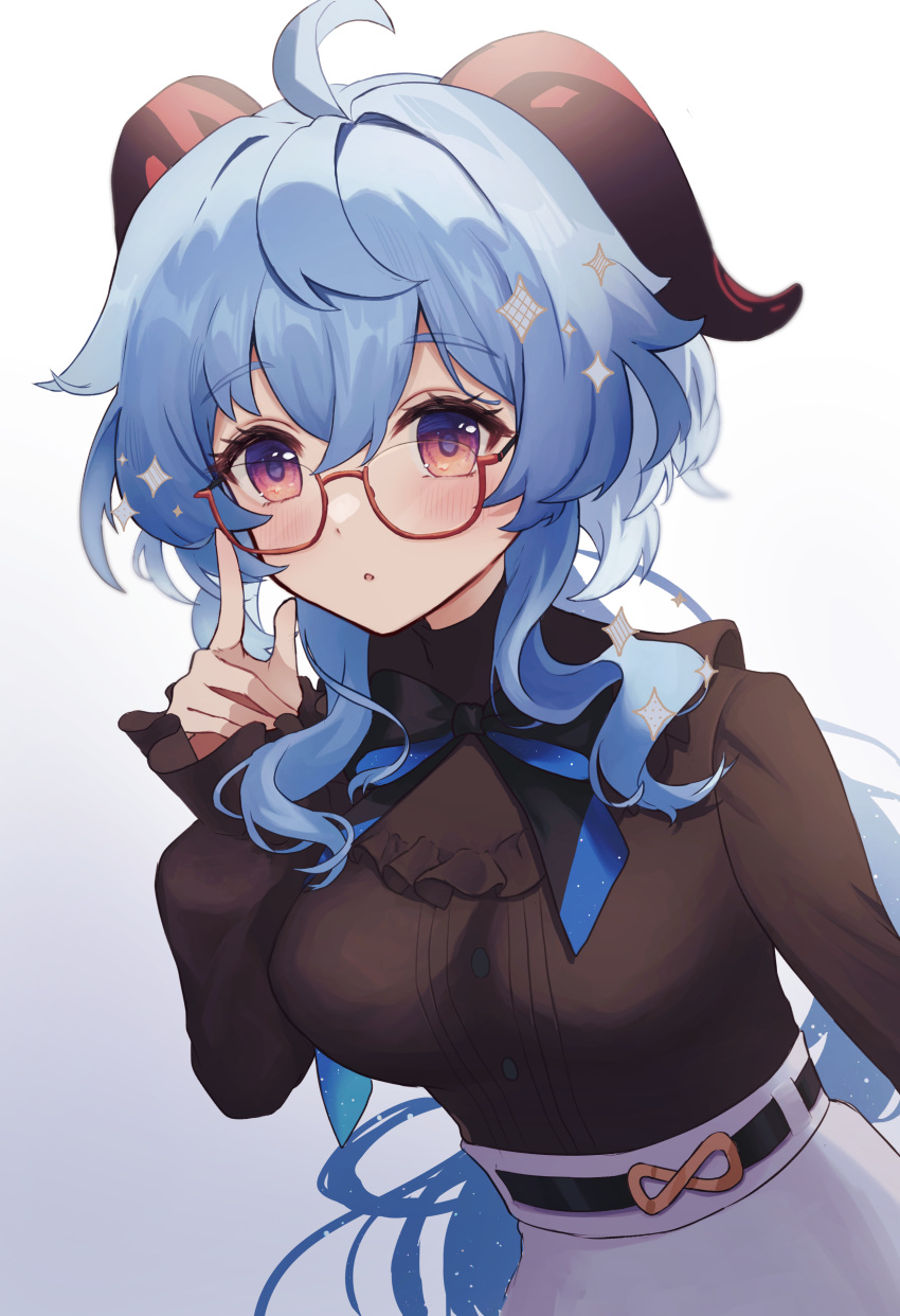 1girl, absurdres, adjusting_eyewear, ahoge, bangs, black_bow, black_shirt, blue_hair