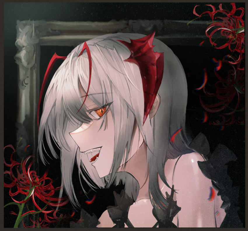 1girl, absurdres, antennae, arknights, bare_shoulders, demon_horns, fangs, flower, from_side, grey_hair, highres, horns, jpg3045129, looking_at_viewer, open_mouth, orange_eyes, portrait, red_flower, short_hair, sideways_glance, slit_pupils, solo, teeth, tongue, w_(arknights)