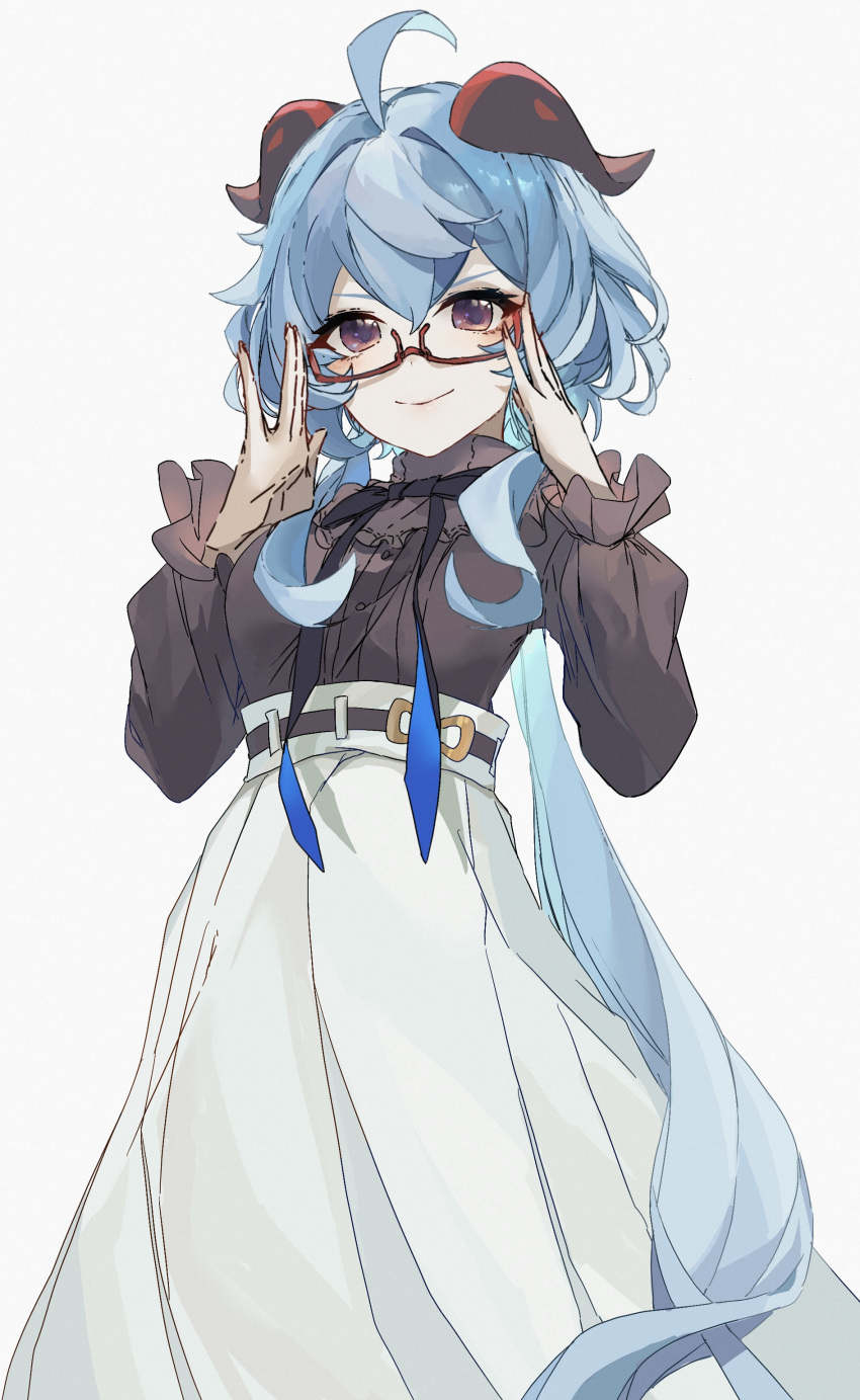 1girl, absurdres, adjusting_eyewear, ahoge, anmochi_mochi, bangs, black_bow, black_shirt