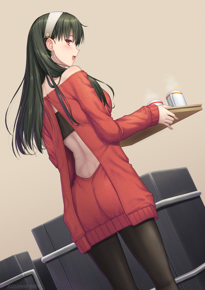 1girl, 2022, :d, black_pantyhose, dress, dutch_angle, green_hair, hairband