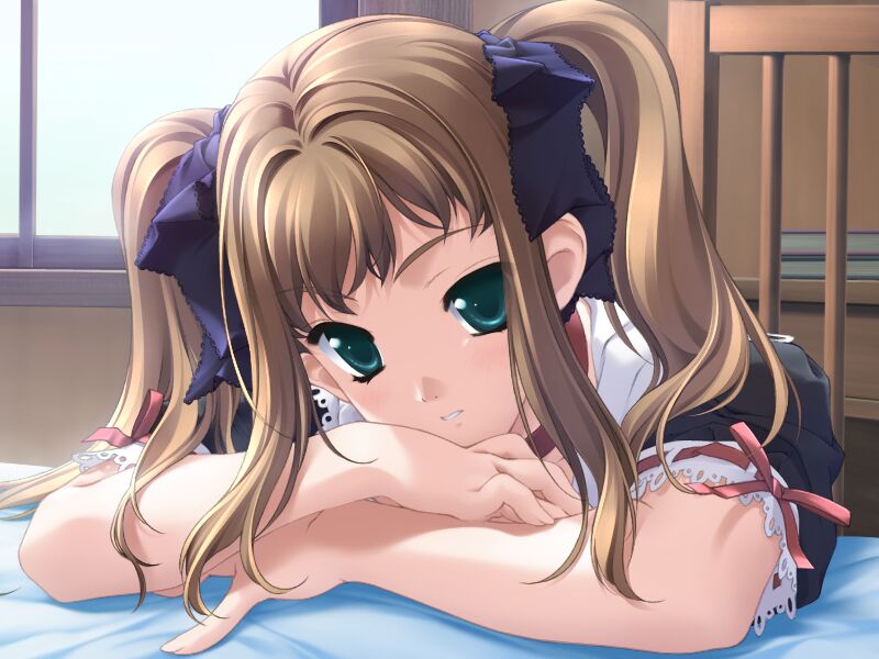 1girl, bangs, black_sleeves, blue_bow, bow, brown_hair, collarbone, crossed_arms, game_cg, green_eyes, hair_bow, indoors, l'heure_bleue, lise_(l'heure_bleue), long_hair, mizutani_tooru, parted_lips, pink_ribbon, ribbon, short_sleeves, solo, twintails, upper_body