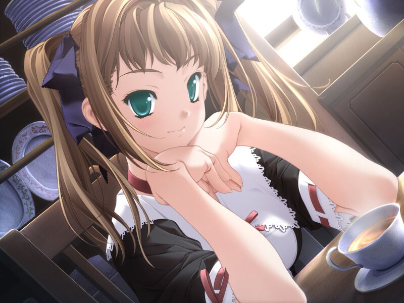 1girl, black_shirt, blue_bow, bow, brown_hair, choker, closed_mouth, dutch_angle, game_cg, green_eyes, hair_bow, l'heure_bleue, lise_(l'heure_bleue), long_hair, mizutani_tooru, red_choker, ribbon-trimmed_sleeves, ribbon_trim, shirt, short_sleeves, smile, solo, twintails, upper_body