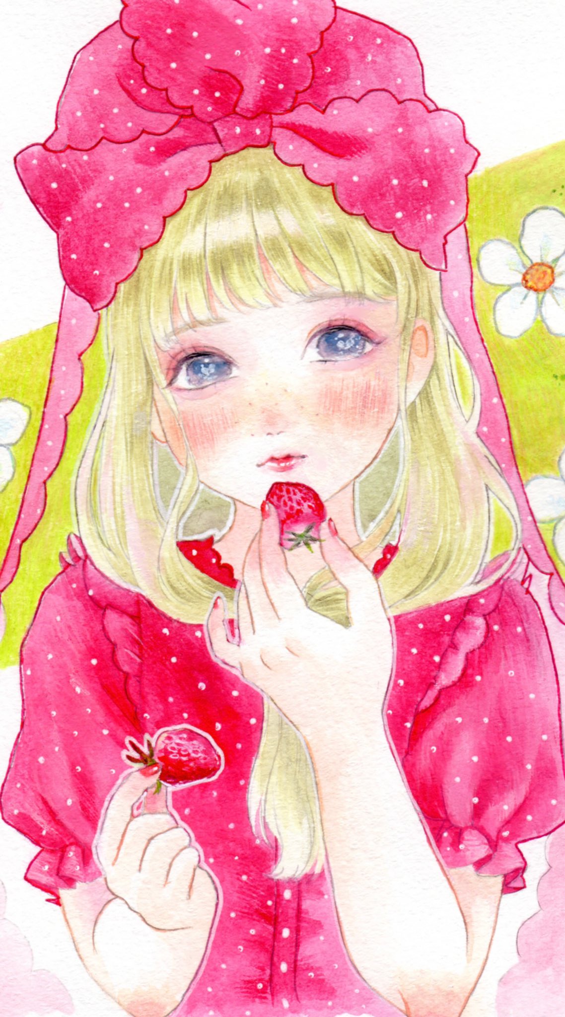 1girl, bangs, blunt_bangs, blush, colored_pencil_(medium), daisy, dress, flower, food, front_ponytail, fruit, hand_up, highres, holding, holding_food, holding_fruit, kagiyama_hina, lips, nagi_milk, nail_polish, polka_dot, red_dress, red_nails, solo, strawberry, touhou, traditional_media, white_flower