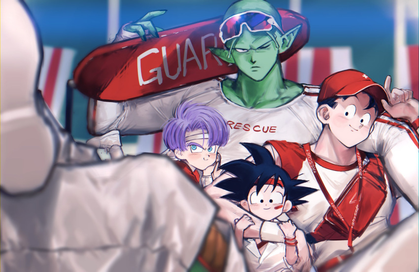 4boys, baseball_cap, black_hair, closed_mouth, colored_skin, day, dragon_ball, dragon_ball_z