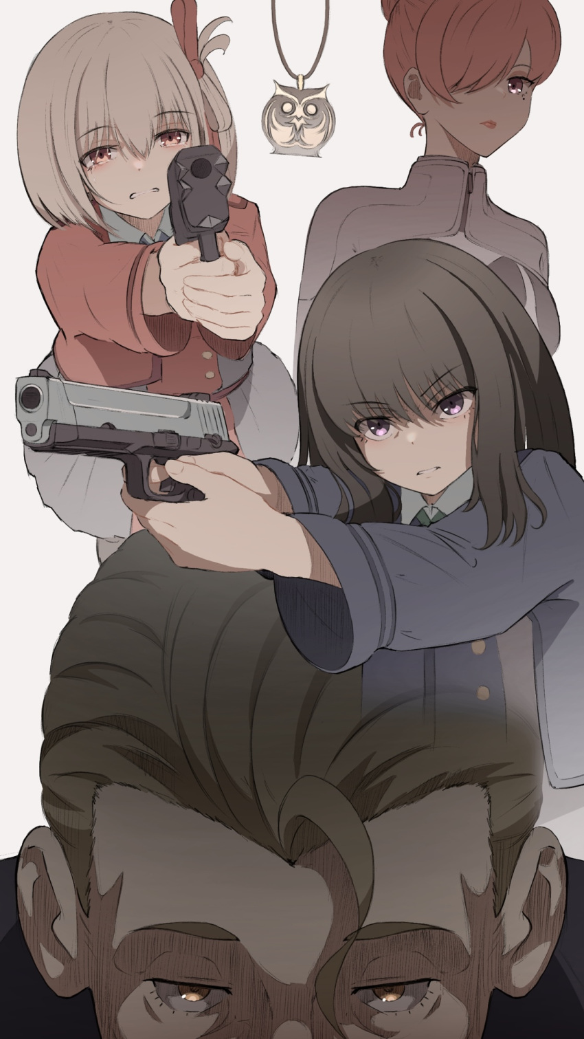 1boy, 3girls, ahoge, black_hair, blonde_hair, brown_eyes, gun, gun_pointing_at_viewer, hair_over_one_eye, highres, himegama_(lycoris_recoil), holding, holding_gun, holding_weapon, inoue_takina, jewelry, looking_at_viewer, lycoris_recoil, multiple_girls, necklace, nishikigi_chisato, nsb36046_(na), red_eyes, redhead, short_hair, uniform, violet_eyes, weapon, white_background, yoshimatsu_shinji