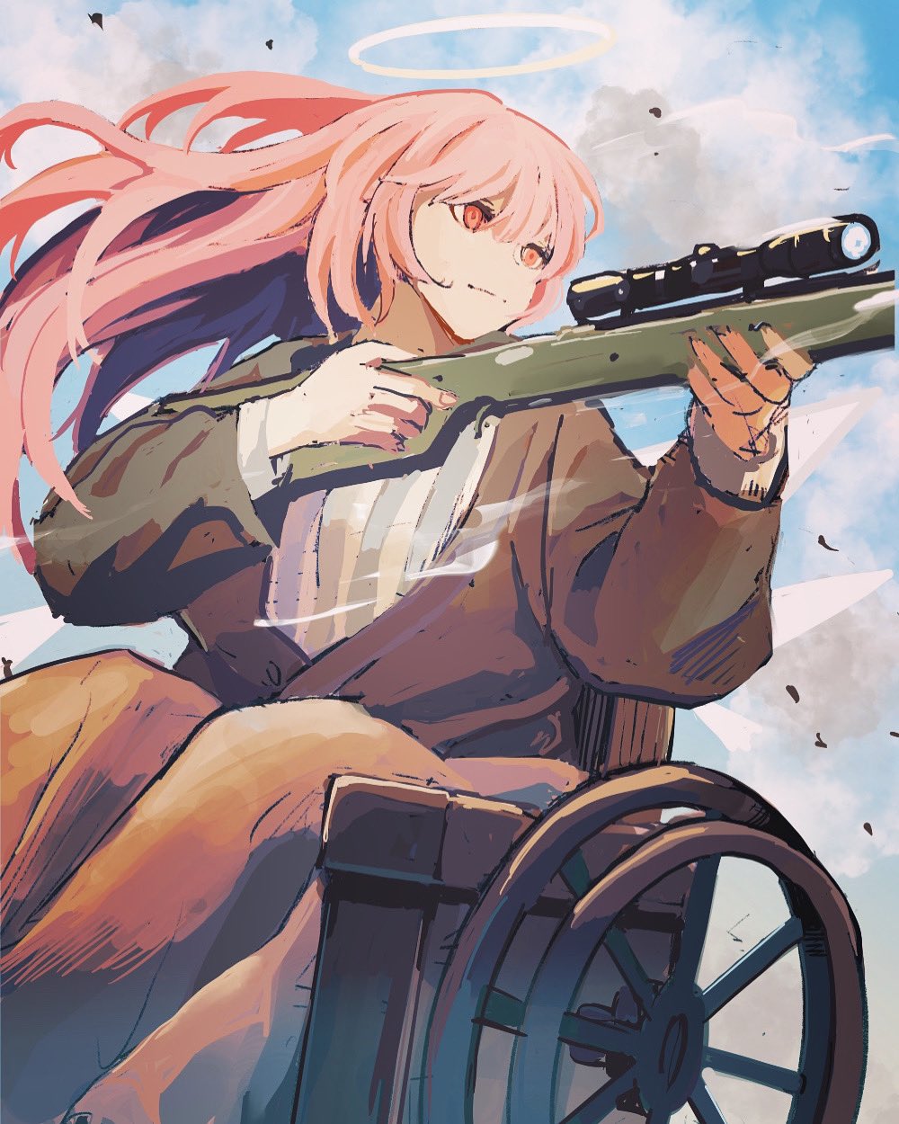 1girl, arknights, bangs, blanket, blue_sky, brown_jacket, closed_mouth, day