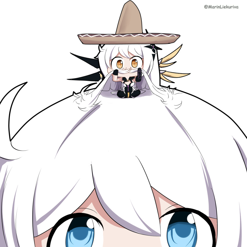 2girls, bangs, blue_eyes, dress, fake_facial_hair, fake_mustache, fur_collar, glance, grabbing_another's_hair, hat, highres, honkai_(series), honkai_impact_3rd, kiana_kaslana_(herrscher_of_the_void), looking_up, marin_liekuriva, mmliku, multiple_girls, on_head, orange_eyes, simple_background, sitting, sombrero, twitter_username, white_background, white_dress, white_hair, wings
