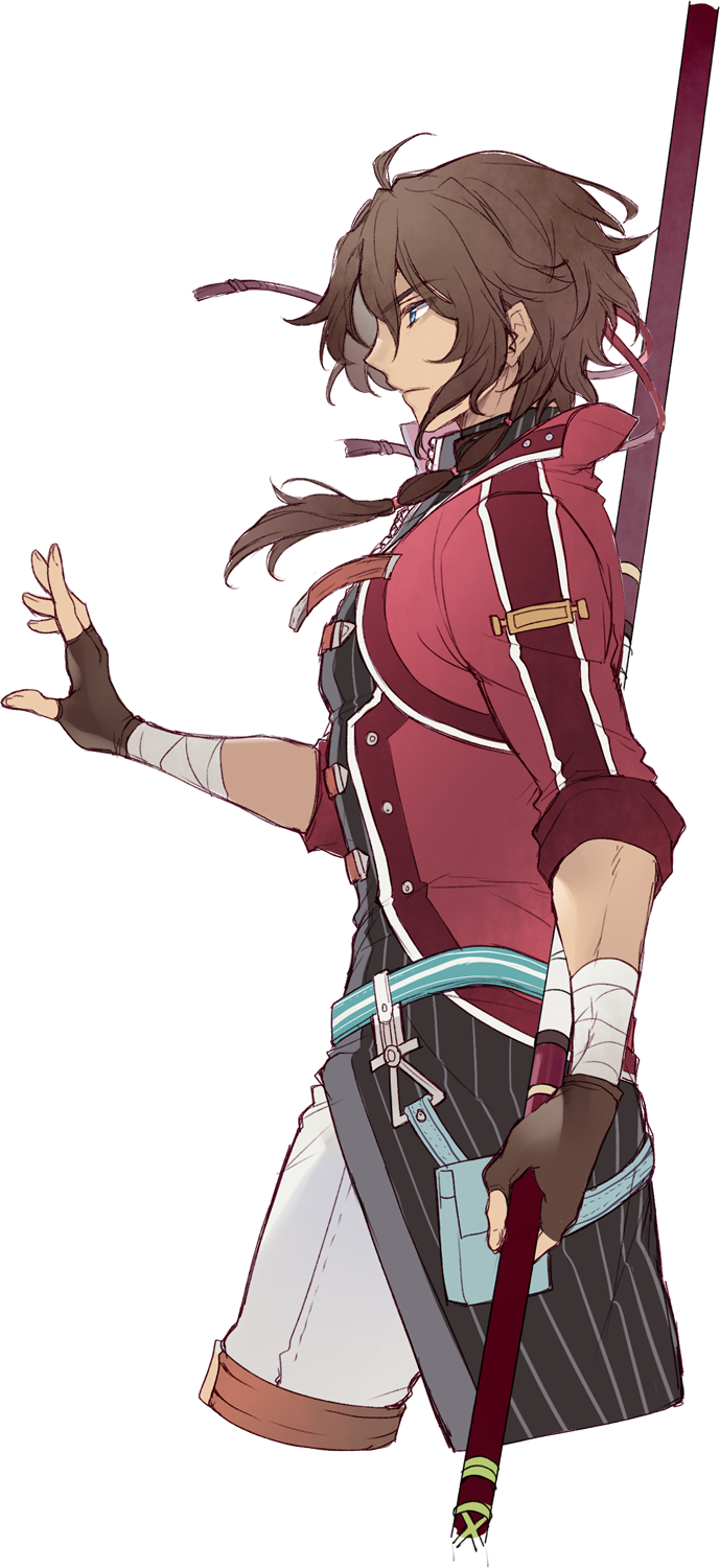 achan_(blue_semi), blue_eyes, brown_gloves, brown_hair, dark_skin, eiyuu_densetsu, fingerless_gloves, gaius_worzel