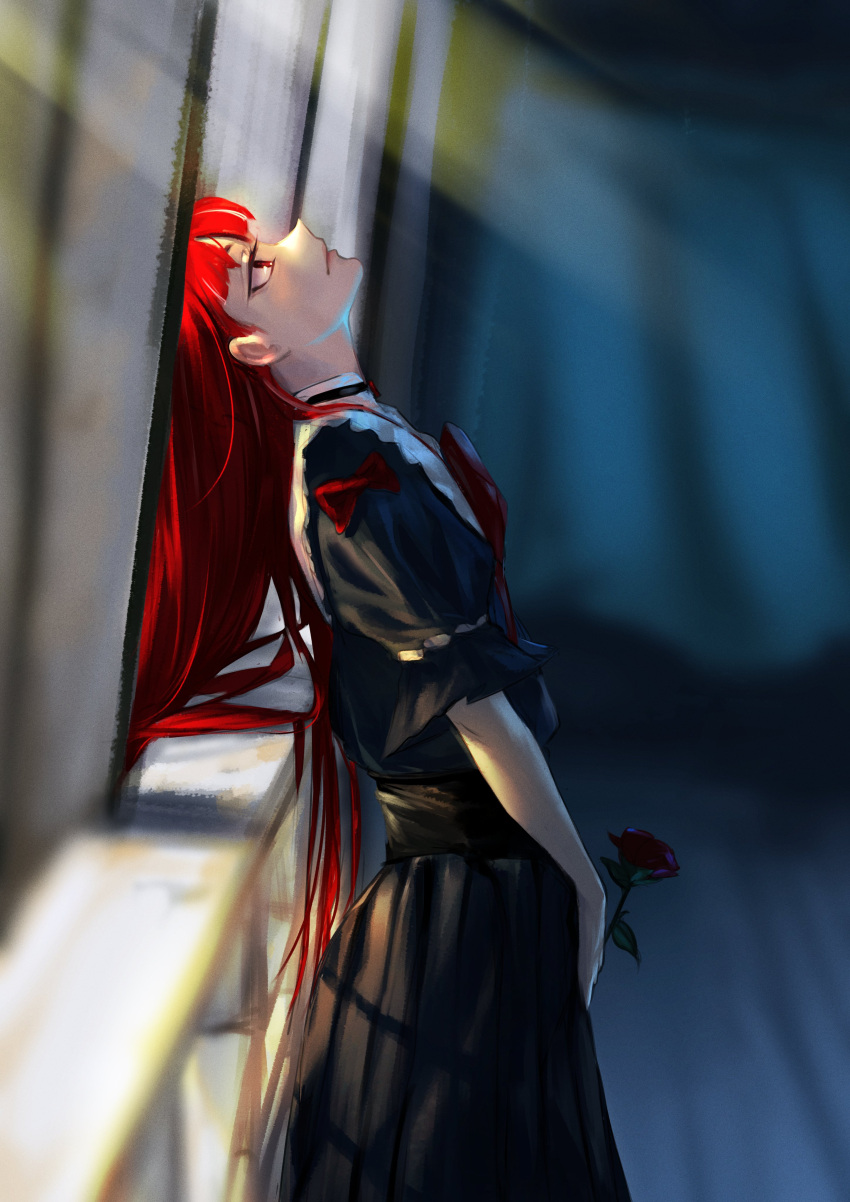 1girl, absurdres, black_dress, dress, flower, hansart17, highres, holding