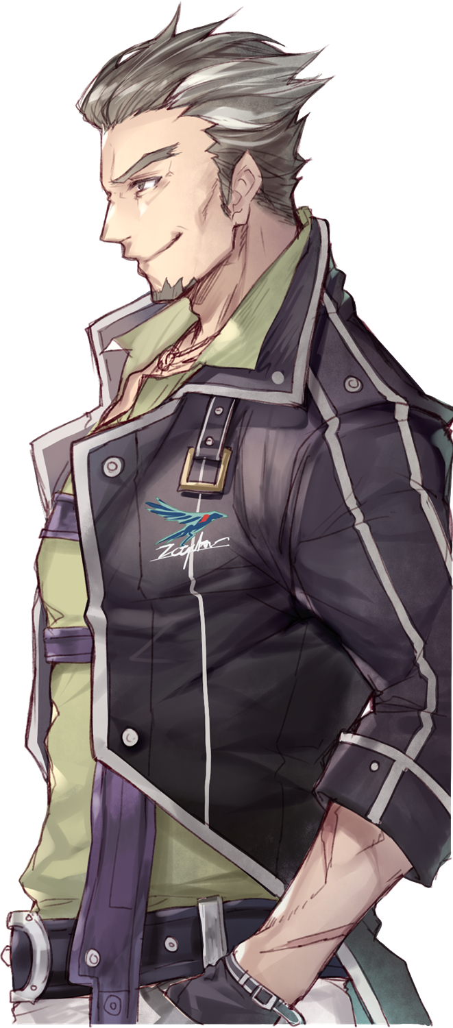 1boy, achan_(blue_semi), black_eyes, black_gloves, eiyuu_densetsu, emblem, facial_hair, gloves, goatee, hand_in_pocket, highres, rutger_claussell, sen_no_kiseki, sen_no_kiseki_iii, sen_no_kiseki_iv, short_hair, simple_background, smile, solo, spoilers, white_background