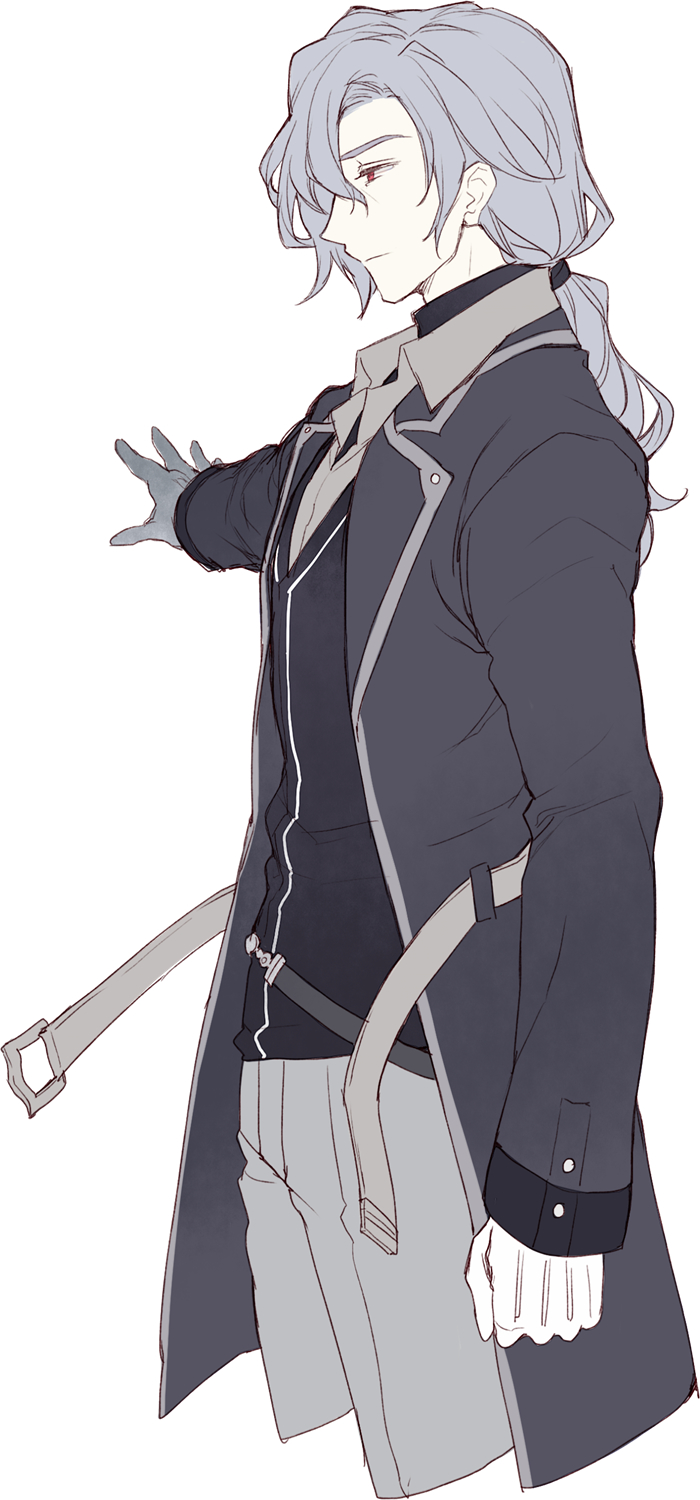 1boy, achan_(blue_semi), eiyuu_densetsu, franz_reinford, gloves, grey_hair, highres, red_eyes, sen_no_kiseki, sen_no_kiseki_iii, sen_no_kiseki_iv, simple_background, solo, spoilers, white_background