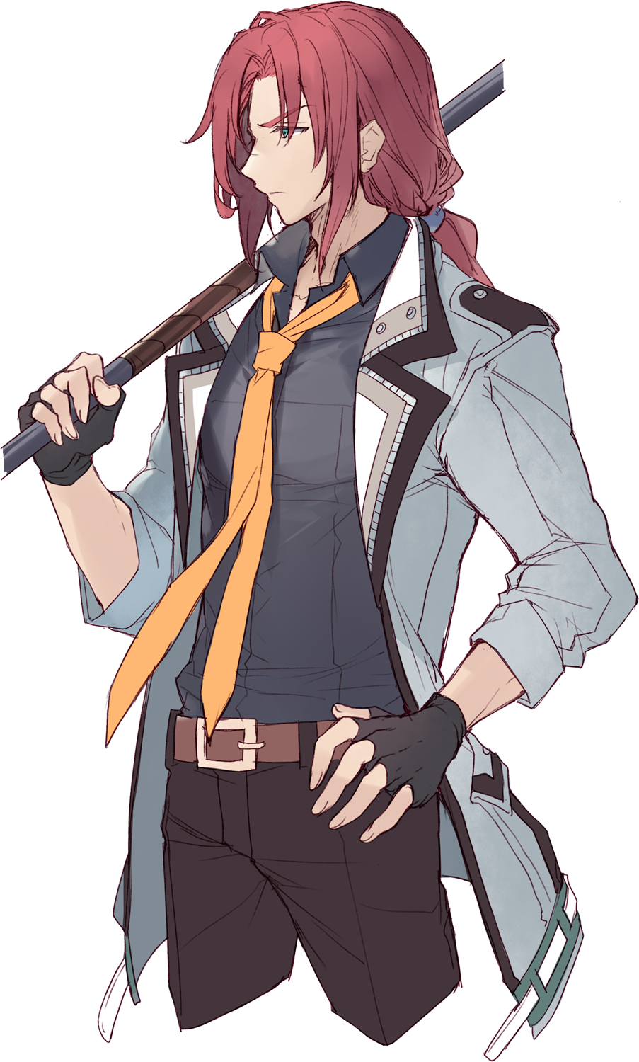 1boy, achan_(blue_semi), ao_no_kiseki, belt, black_gloves, eiyuu_densetsu, fingerless_gloves, gloves, green_eyes, highres, holding, holding_weapon, long_hair, necktie, orange_necktie, ponytail, randolph_orlando, redhead, simple_background, solo, weapon, white_background, zero_no_kiseki