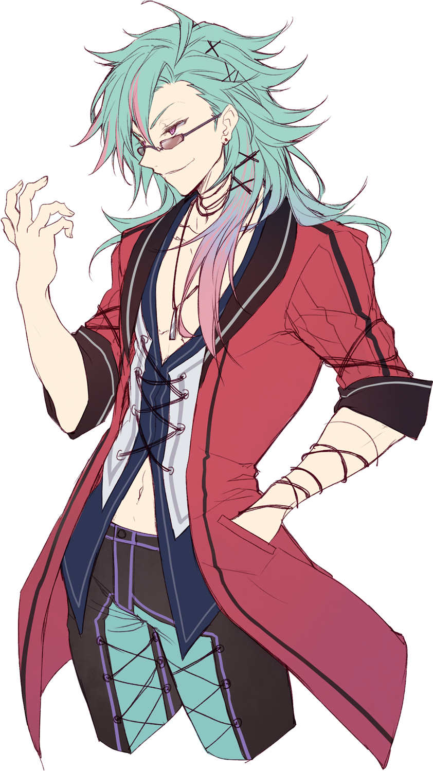 1boy, achan_(blue_semi), blue_hair, eiyuu_densetsu, hand_in_pocket, highres, jacket, jewelry