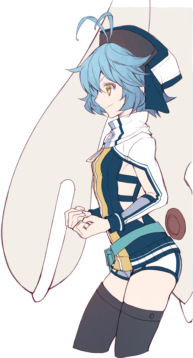 1girl, achan_(blue_semi), airgetlam_(kiseki), antenna_hair, black_thighhighs, blue_hair, eiyuu_densetsu, hat