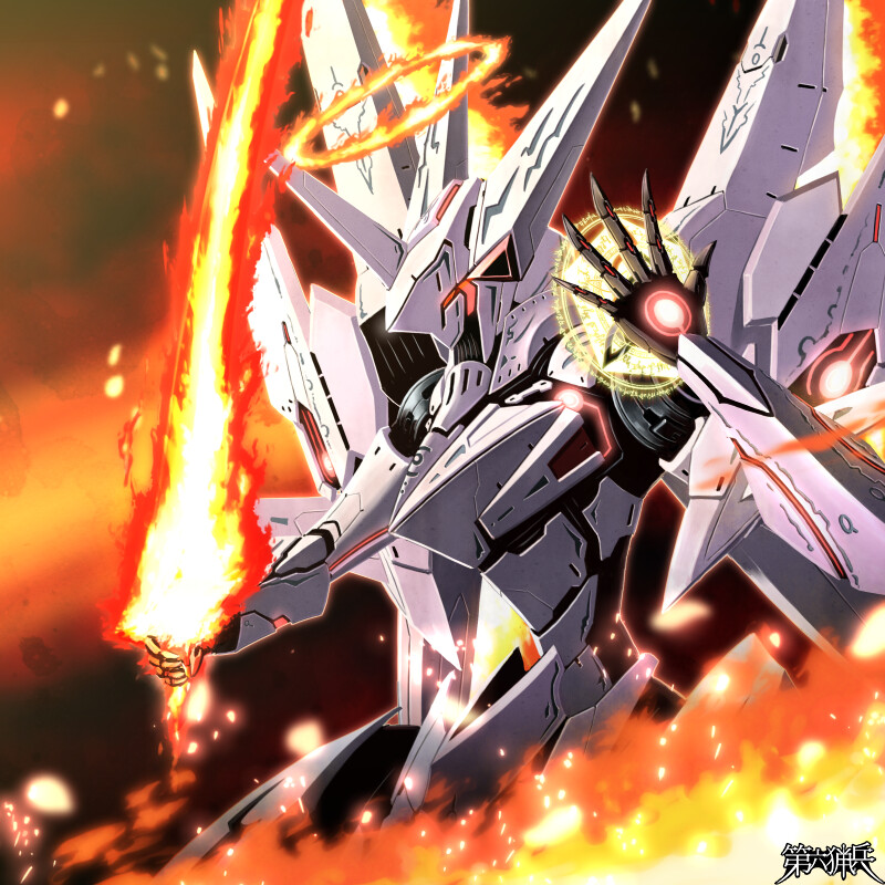 dairoku_ryouhei, fire, flaming_sword, flaming_weapon, from_side, glowing, glowing_eye, halo