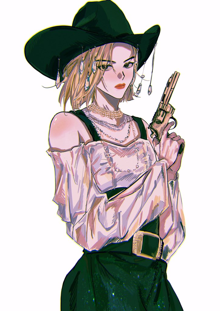 1girl, bare_shoulders, black_headwear, blonde_hair, closed_mouth, commentary, cowboy_hat, cowboy_shot