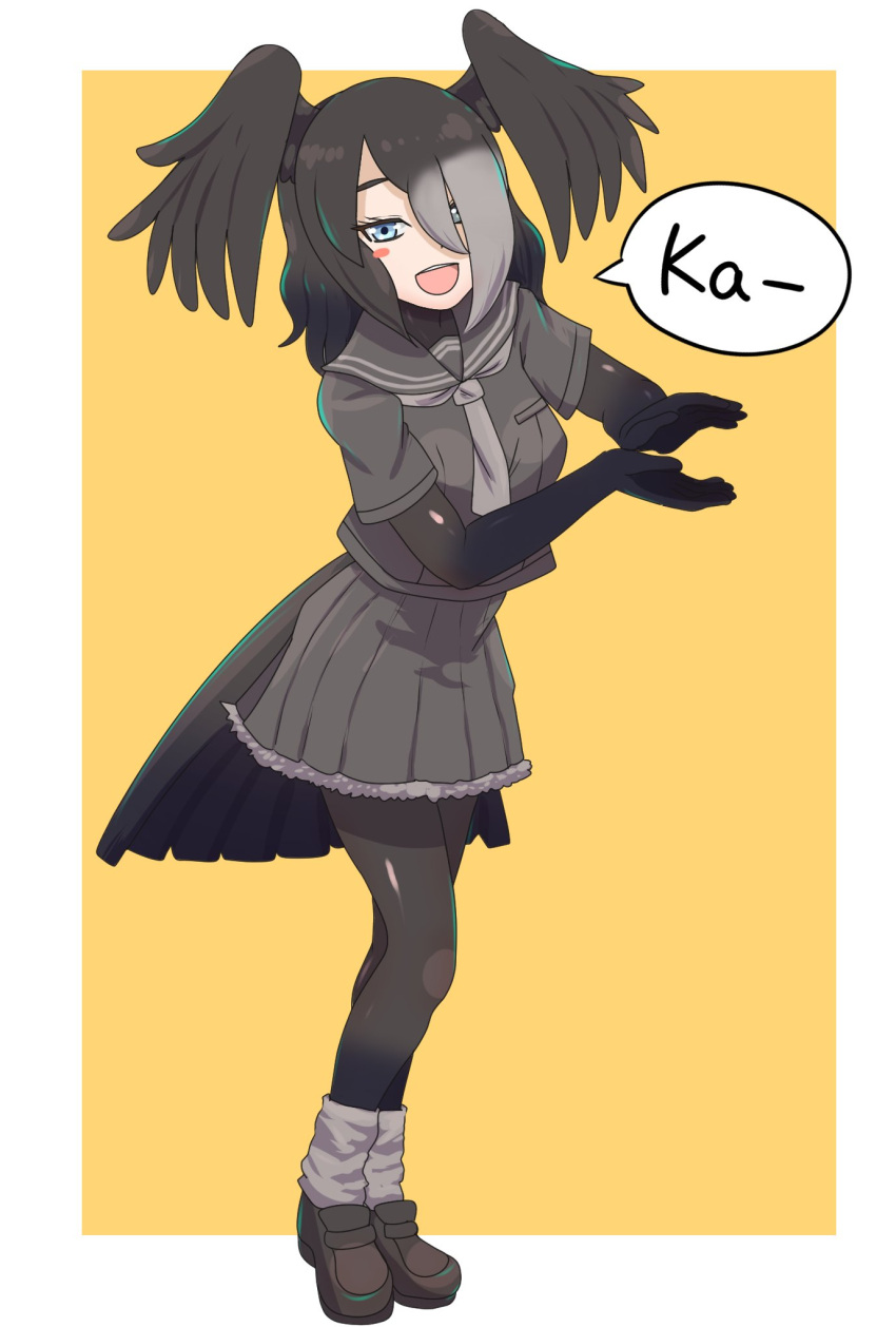 1girl, bird_girl, bird_tail, bird_wings, black_gloves, black_hair, black_pantyhose, black_shirt, black_skirt, blue_eyes, blush, brown_footwear, elbow_gloves, frilled_skirt, frills, full_body, gloves, grey_hair, grey_necktie, hair_over_one_eye, head_wings, highres, jungle_crow_(kemono_friends), kemono_friends, loafers, necktie, ookii_yama, pantyhose, pleated_skirt, sailor_collar, school_uniform, serafuku, shirt, shoes, short_hair, short_sleeves, skirt, solo, speech_bubble, t-shirt, tail, wings