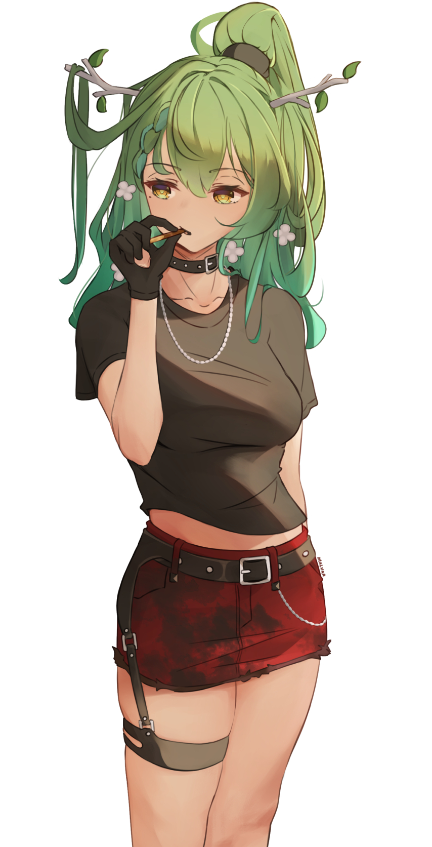 1girl, antlers, bangs, belt, branch, ceres_fauna, choker, collarbone, cosplay, flower, green_hair, hair_ornament, highres, hololive, hololive_english, jewelry, long_hair, malvar, mole, mole_under_eye, necklace, ponytail, punk, shirt, simple_background, skirt, solo, surtr_(arknights), surtr_(arknights)_(cosplay), surtr_(liberte_echec)_(arknights), virtual_youtuber, white_background, yellow_eyes