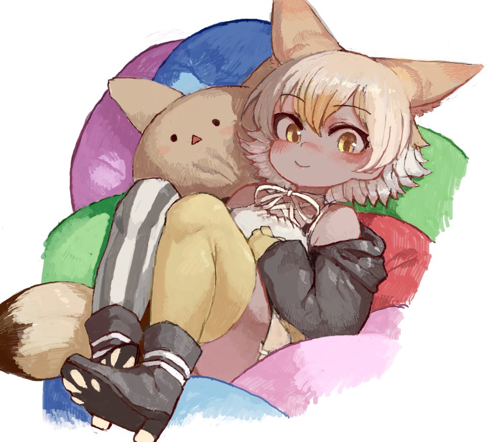 1girl, asymmetrical_legwear, bare_shoulders, black_footwear, black_jacket, black_thighhighs, blonde_hair, blush, boots, character_pillow, commentary_request, coyopotato, coyote_(kemono_friends), coyote_ears, coyote_girl, coyote_tail, extra_ears, hair_between_eyes, handsdsds, jacket, kemono_friends, kemono_friends_v_project, long_sleeves, looking_at_viewer, lying, multicolored_hair, on_back, paw_print_soles, pillow, pleated_skirt, shirt, short_hair, sitting, skirt, solo, spaghetti_strap, striped, striped_thighhighs, thigh-highs, two-tone_thighhighs, white_hair, white_shirt, white_thighhighs, yellow_eyes, yellow_thighhighs, zettai_ryouiki