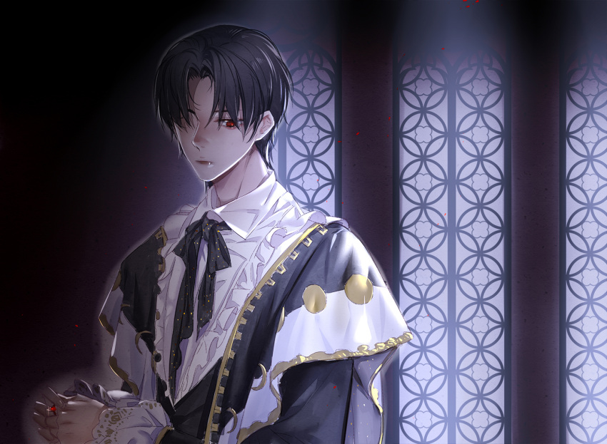 1boy, bangs, bieshuohuaaiwo, black_hair, black_neckerchief, chinese_commentary, commentary_request, emlyn_white