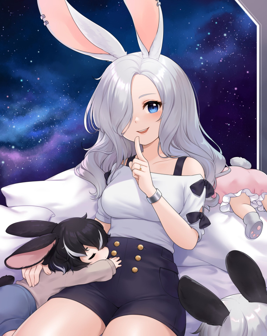 1boy, 3girls, animal_ears, baby, bed_sheet, black_hair, blue_eyes, bracelet, buttons, child, commentary, commission, earrings, english_commentary, family, female_child, finger_to_mouth, grey_hair, hair_over_one_eye, high-waist_shorts, highres, jarael_(rayer), jewelry, long_sleeves, male_child, mother_and_child, mother_and_daughter, mother_and_son, multicolored_hair, multiple_girls, off_shoulder, onesie, original, paw_print_soles, pillow, rabbit_boy, rabbit_ears, rabbit_girl, rabbit_tail, ring, shorts, shushing, sleeping, sleeve_ribbon, space, streaked_hair, susukitten, tail, wedding_ring, window