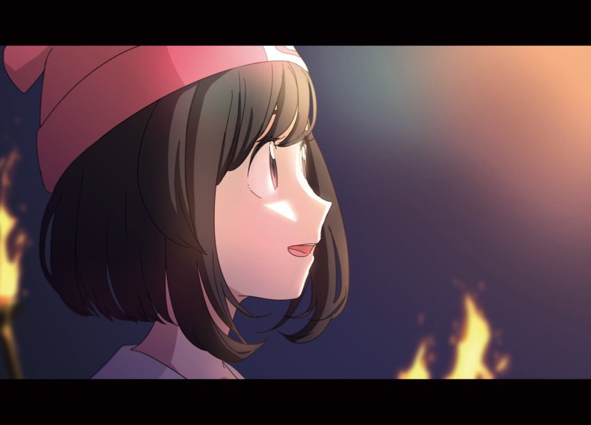 1girl, beanie, black_hair, brown_eyes, from_side, hat, looking_at_another, night