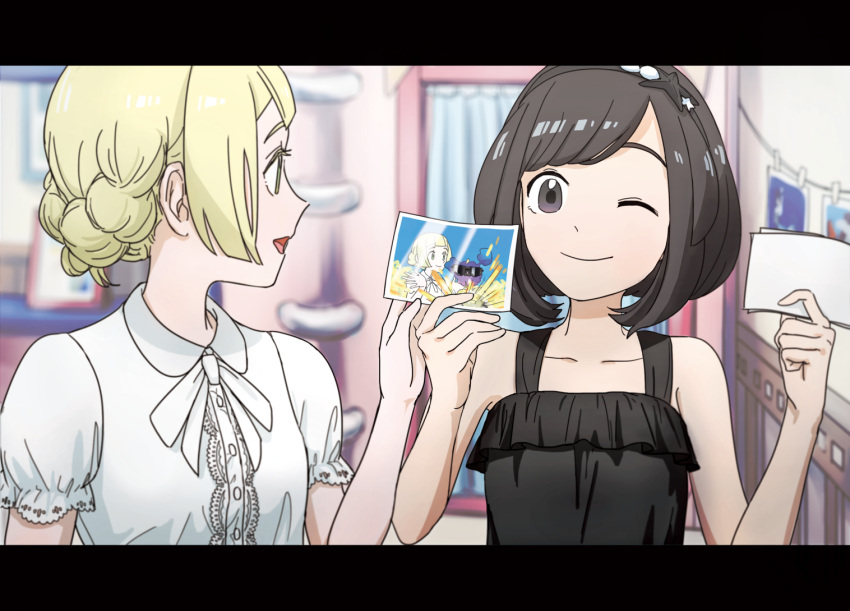 2girls, alternate_costume, black_camisole, black_hair, blonde_hair, camisole, collarbone, cosmog
