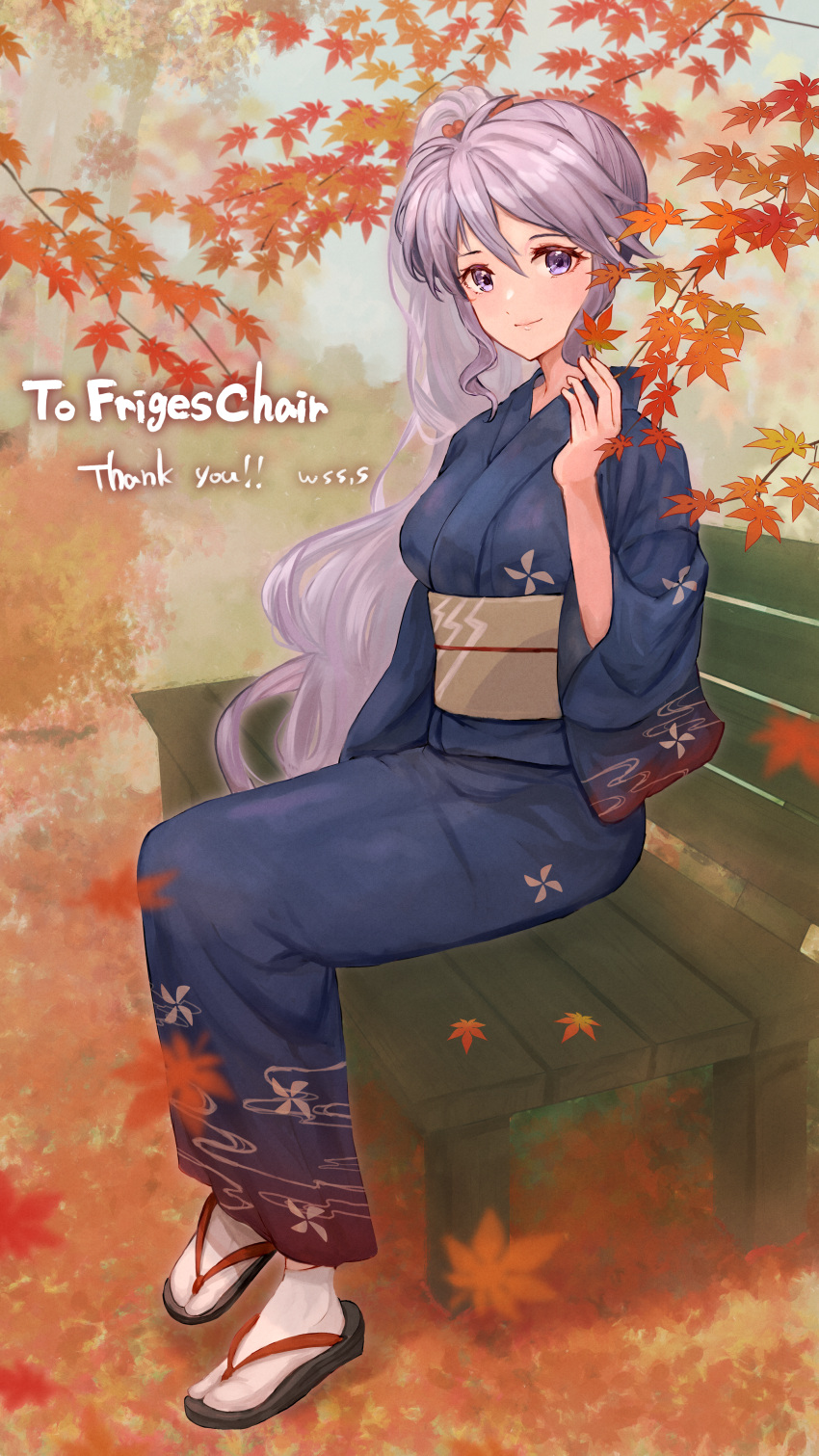 1girl, absurdres, artist_name, autumn_leaves, bench, commission, commissioner_upload, falling_leaves