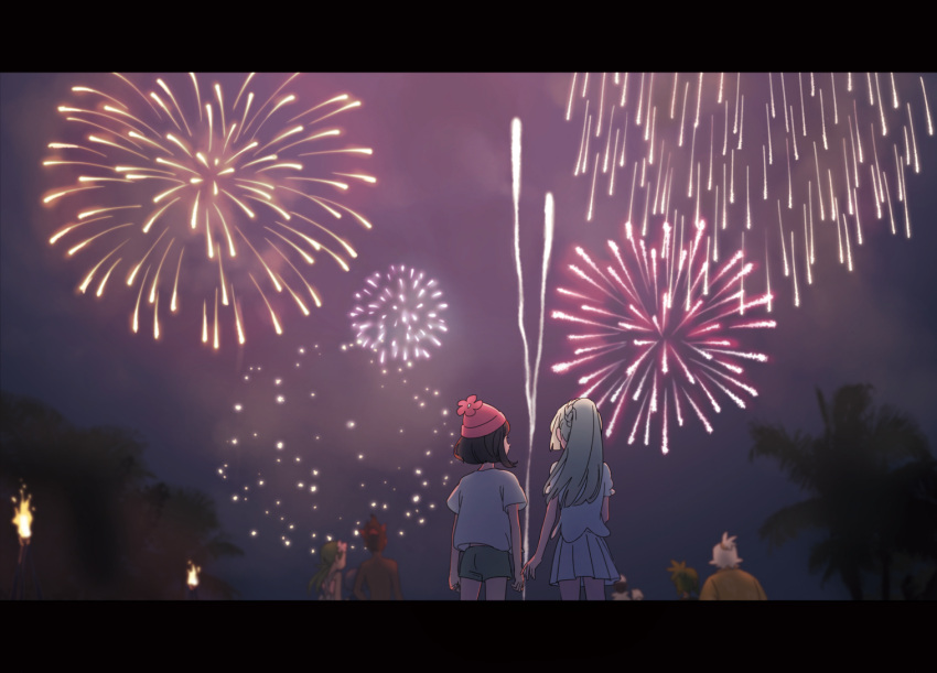 3boys, 3girls, aerial_fireworks, beanie, black_hair, blonde_hair, commentary_request, crowd
