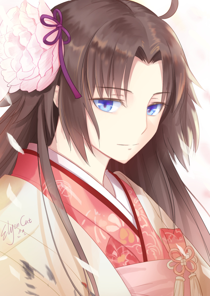 1girl, bangs, black_hair, blue_eyes, elyoncat, falling_petals, fate/grand_order, fate_(series), flower, hair_flower, hair_ornament, highres, japanese_clothes, kara_no_kyoukai, kimono, long_hair, looking_at_viewer, petals, ryougi_shiki, smile, solo, upper_body