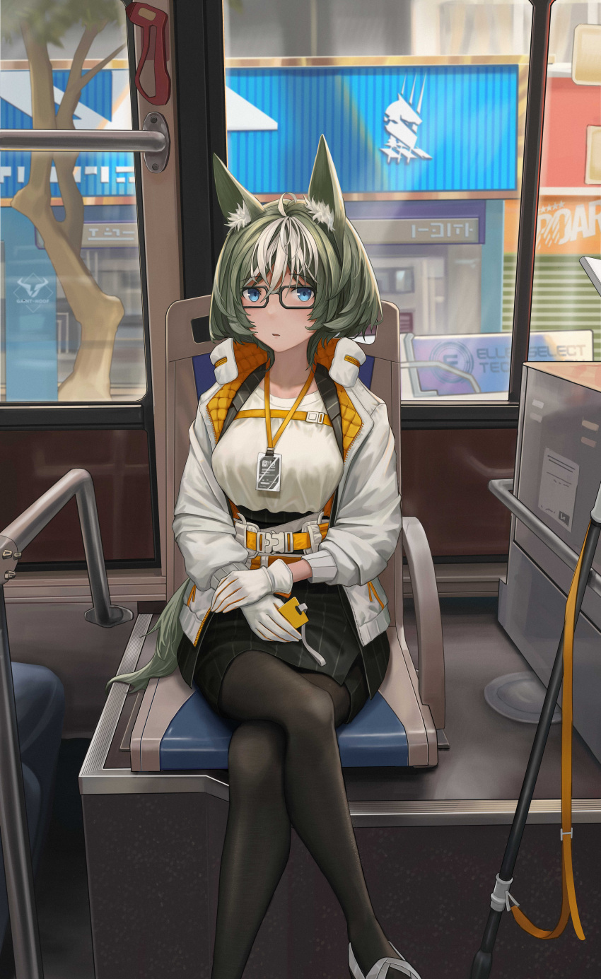 1girl, absurdres, animal_ears, arknights, black_pantyhose, black_skirt, blue_eyes, blush