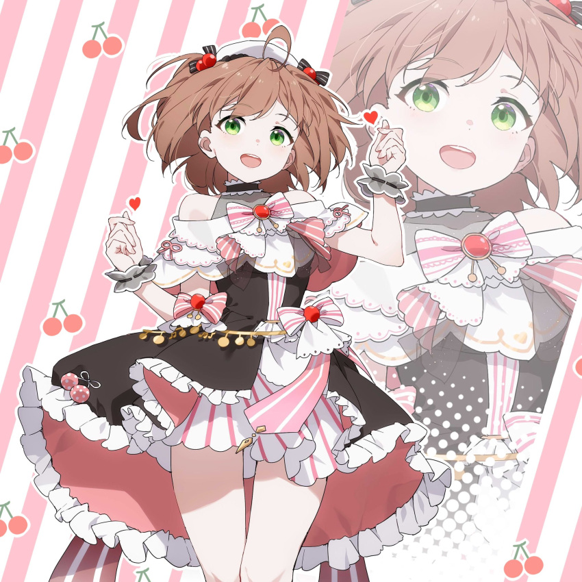 1girl, bangs, bare_legs, blouse, brown_hair, cherry, duoduo_poi, eyebrows_hidden_by_hair