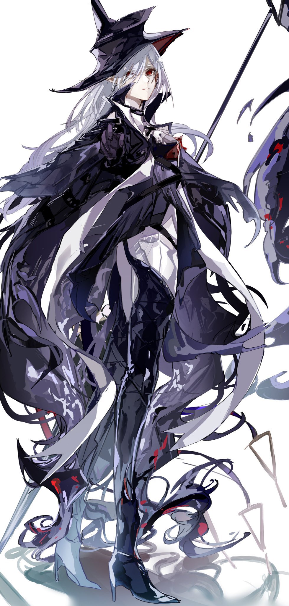 1girl, a_chxoblc, arknights, ascot, bangs, black_footwear, black_gloves, black_headwear, black_thighhighs, boots, cape, commentary, earrings, eyes_visible_through_hair, full_body, gladiia_(arknights), gloves, grey_hair, hair_between_eyes, hat, high_heel_boots, high_heels, highres, jewelry, long_hair, looking_at_viewer, outstretched_arm, parted_lips, pointy_ears, reaching_out, red_eyes, simple_background, sketch, solo, thigh-highs, thighhighs_under_boots, white_ascot, white_background