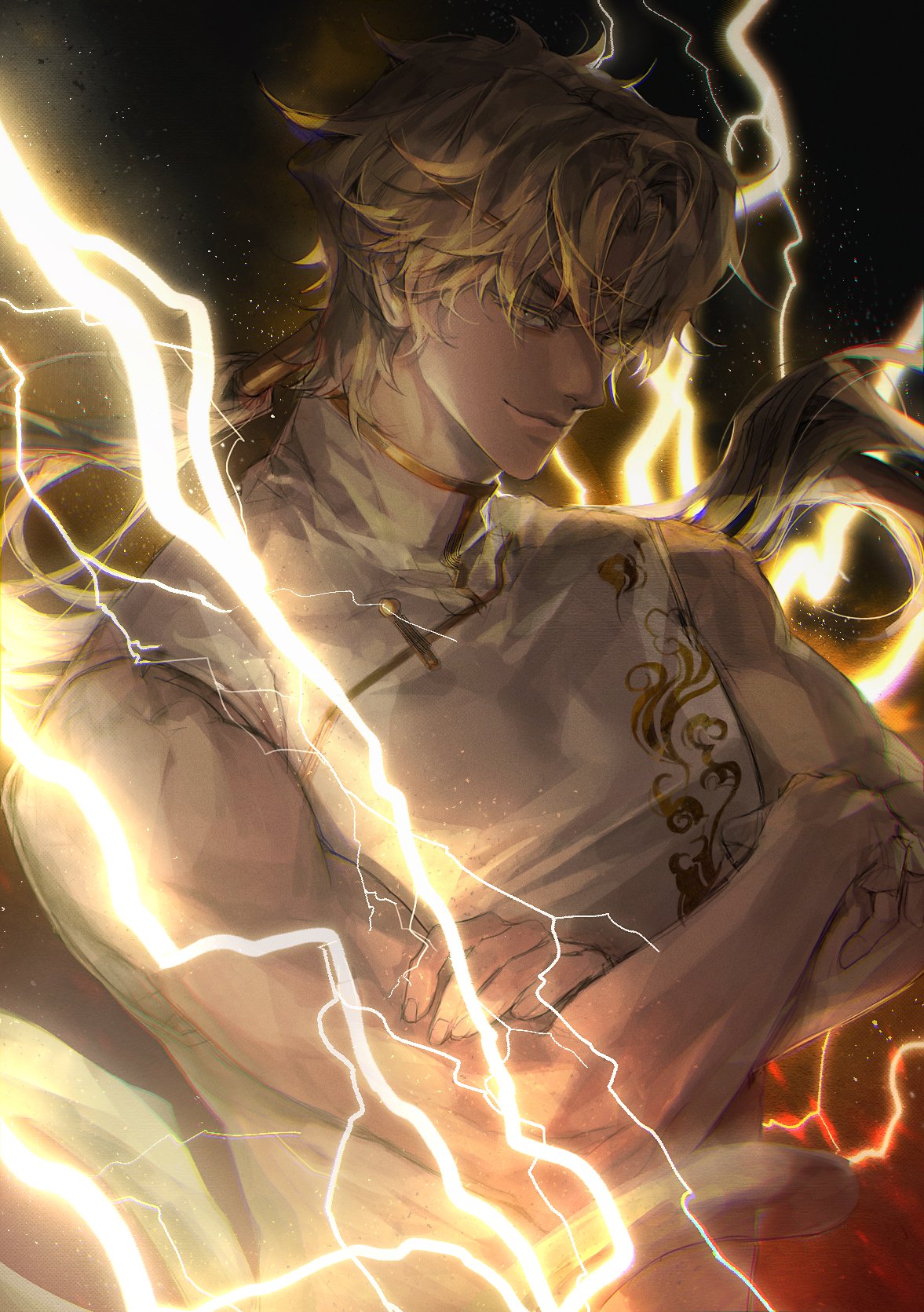 1boy, blonde_hair, commentary, crossed_arms, dark_background, hhaet2, highres, lightning, long_hair, looking_at_viewer, male_focus, monkey_tail, omniscient_reader's_viewpoint, ponytail, sideways_glance, sleeveless, smile, smirk, solo, sun_wukong_(omniscient_reader's_viewpoint), symbol-only_commentary, tail, yellow_eyes