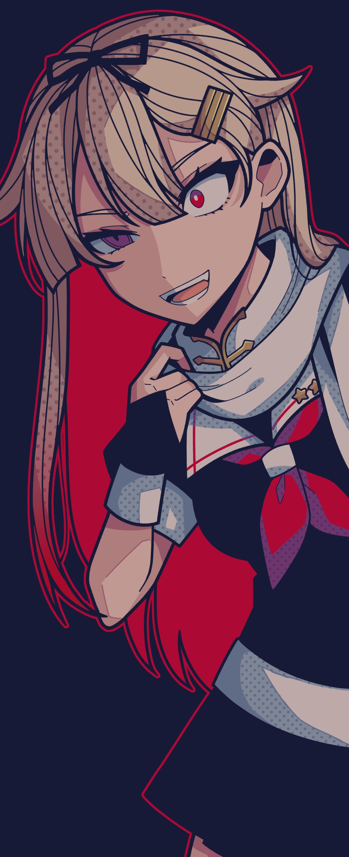 1girl, absurdres, bangs, black_background, black_gloves, black_ribbon, black_skirt, blonde_hair