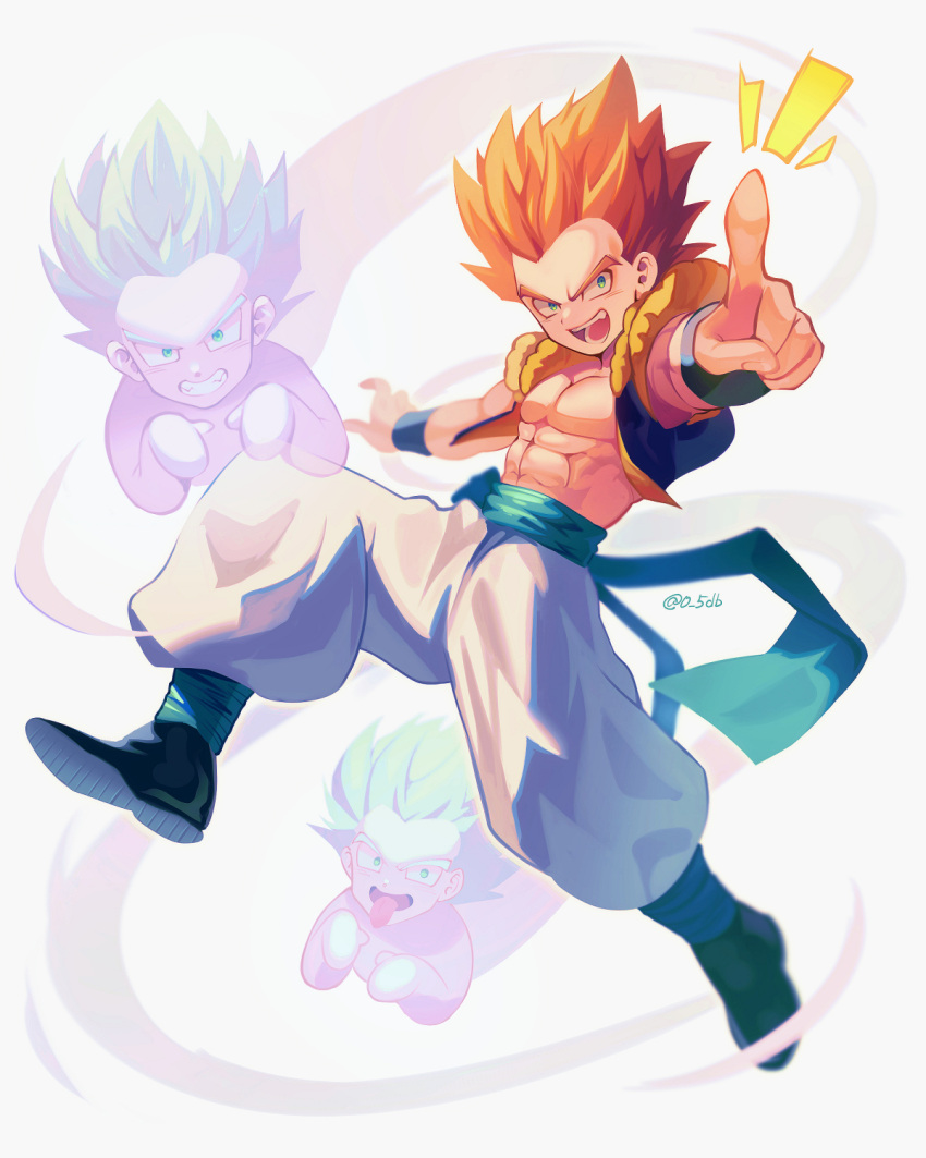 3boys, abs, blonde_hair, blue_eyes, blue_sash, boots, commentary_request, dragon_ball, dragon_ball_z, full_body, ghost, gotenks, grin, highres, looking_at_viewer, male_child, male_focus, multiple_boys, muscular, muscular_child, notice_lines, open_mouth, pants, pectorals, pointing, pointing_at_viewer, sash, smile, spiky_hair, super_ghost_kamikaze_attack, super_saiyan, super_saiyan_1, teeth, tongue, tongue_out, twitter_username, white_background, white_pants, zero-go