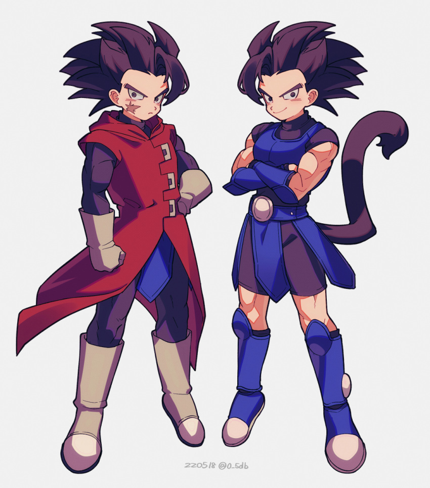 2boys, aged_down, armor, black_eyes, black_hair, blue_footwear, boots, brothers, closed_mouth, coat, commentary_request, crossed_arms, dated, dragon_ball, dragon_ball_legends, giblet_(dragon_ball), gloves, grey_background, grey_footwear, grey_gloves, hand_on_hip, highres, hood, hood_down, hooded_coat, looking_at_viewer, male_focus, monkey_tail, multiple_boys, red_coat, saiyan_armor, scar, scar_on_cheek, scar_on_face, shallot_(dragon_ball), siblings, simple_background, smile, spiky_hair, standing, tail, twins, twitter_username, zero-go