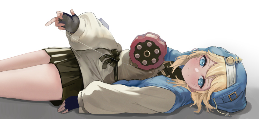 1girl, androgyne_symbol, bangs, black_gloves, blonde_hair, blue_eyes, blue_jacket, blush, bridget_(guilty_gear), cross, fingerless_gloves, gloves, guilty_gear, guilty_gear_strive, habit, hair_between_eyes, highres, hood, hoodie, jacket, looking_at_viewer, lying, medium_hair, numaduke, on_back, open_mouth, pleated_skirt, shorts, sidelocks, skirt, solo, transgender, transgender_girl, transgender_woman, yo-yo