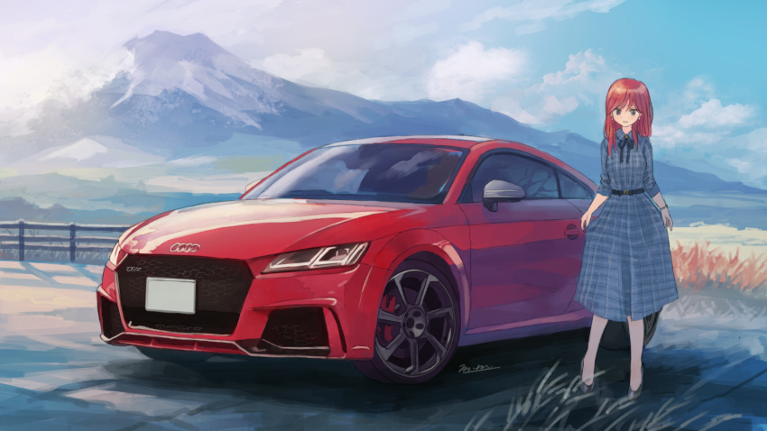 1girl, audi, belt, black_belt, black_ribbon, car, commentary_request, dress