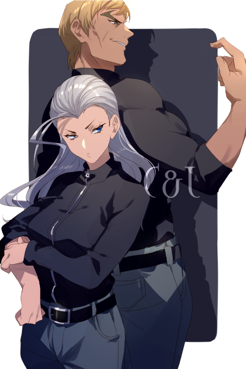 1boy, 1girl, ahoge, back-to-back, belt, blonde_hair, blue_eyes, brown_eyes