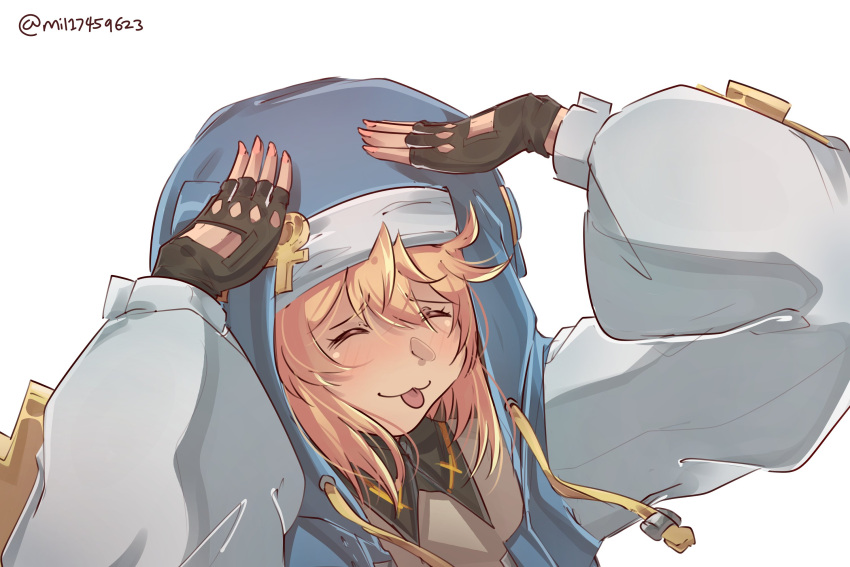 1boy, :3, bangs, black_gloves, blue_hood, bridget_(guilty_gear), closed_eyes, closed_mouth, commentary, dojikko_pose, femboy, fingerless_gloves, gloves, guilty_gear, guilty_gear_strive, habit, hair_between_eyes, highres, long_sleeves, medium_hair, mil17459623, parody, puffy_long_sleeves, puffy_sleeves, shirt, smile, solo, taiho_shichauzo, tongue, tongue_out, upper_body, white_background, white_shirt