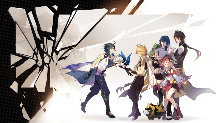 2134twone, 4boys, 4girls, aether_(genshin_impact), ahoge, antenna_hair, antlers, aqua_hair